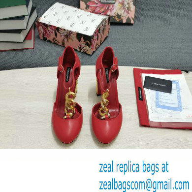 Dolce  &  Gabbana Logo Heel 10.5cm Chain leather T-strap Pumps Red 2022